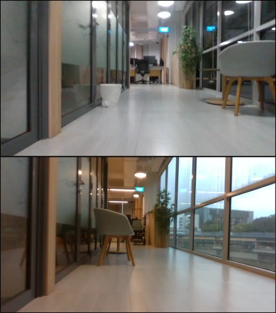 Office scene before and after both lighting change and object rearrangement