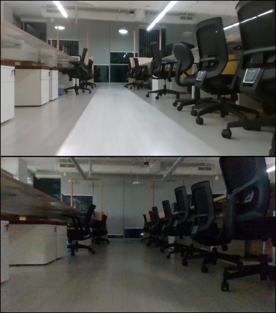 Office scene before and after a lighting change