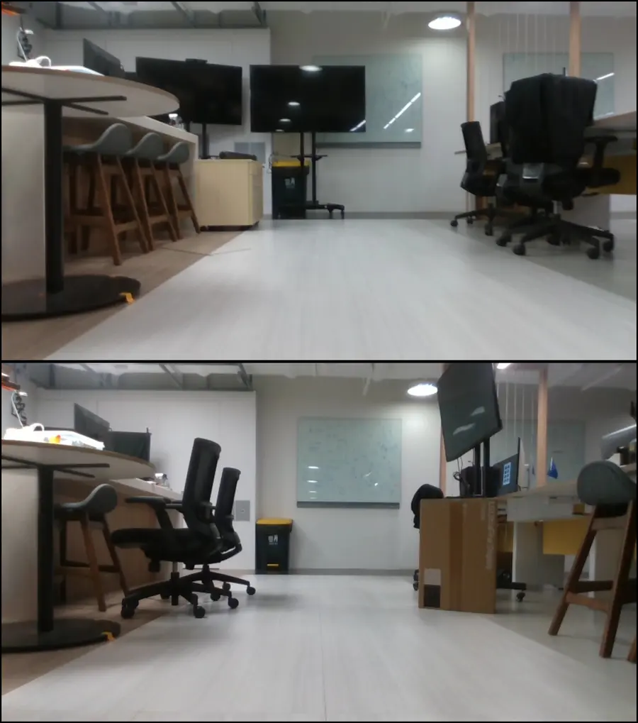 Office scene before and after furniture and objects were moved