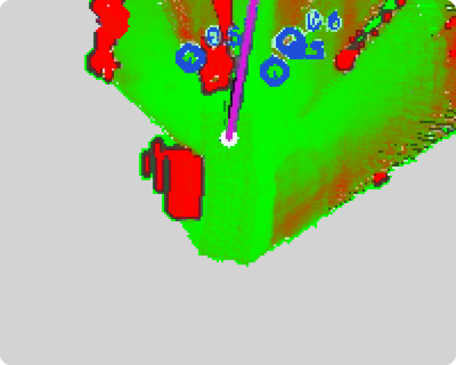 The traversability map the policy builds online from the OAK-D depth camera.