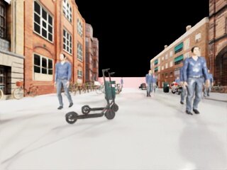 Isaac Sim view of a rendered street scene with pedestrians.