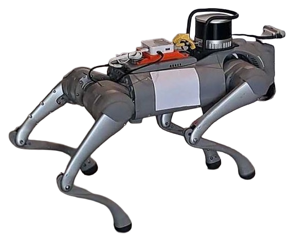 Unitree Go2 quadruped fitted with an RGB-D camera and a LiDAR unit.