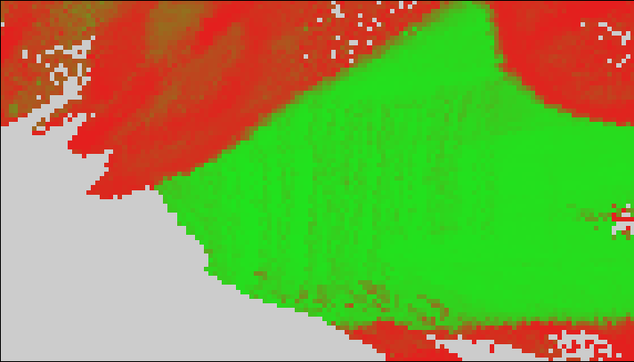 Overhead metric traversability map: green walkable ground, red obstacles, grey unobserved.