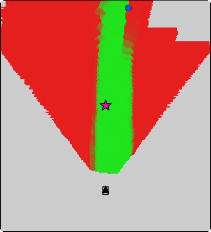 Traversability map and pedestrian tracks built online on the robot.