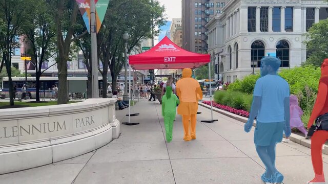 Person segmentation masks over the street frame.