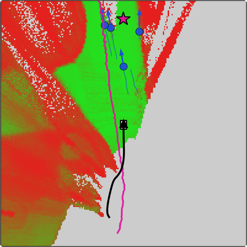 Robot-frame traversability map with replayed pedestrians, goal and paths.