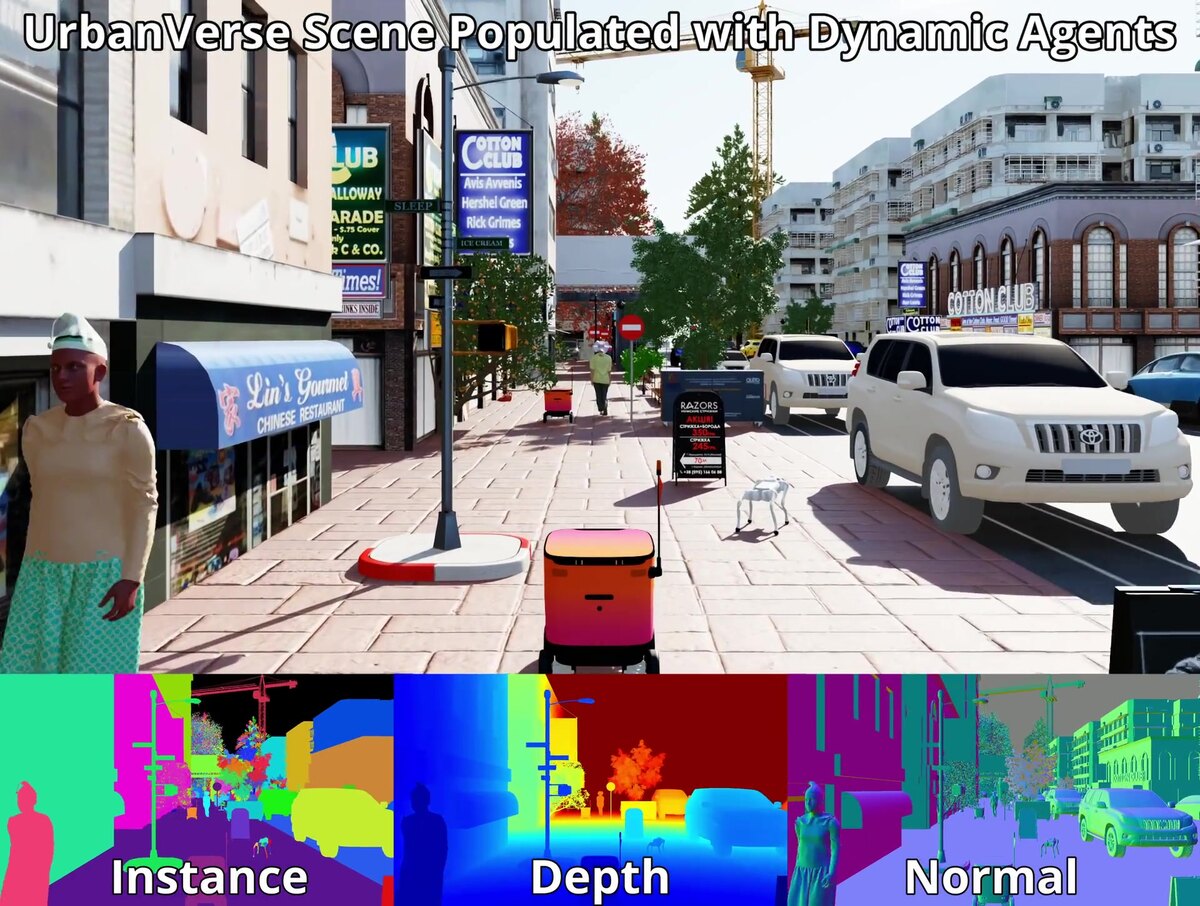 A photorealistic rendered street scene from a 3D reconstruction pipeline.