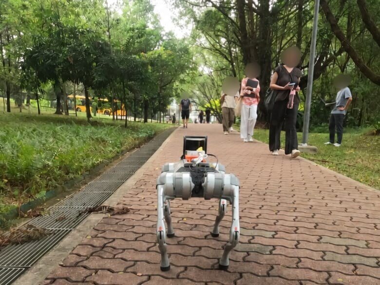 The outdoor test scene: the robot on a brick path with a person walking towards it.