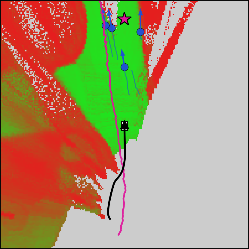 Egocentric traversability map with pedestrian discs, the goal star and the robot's own path.