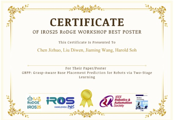 IROS 2025 RoDGE Workshop Best Paper Award certificate — GBPP: Grasp-Aware Base Placement Prediction