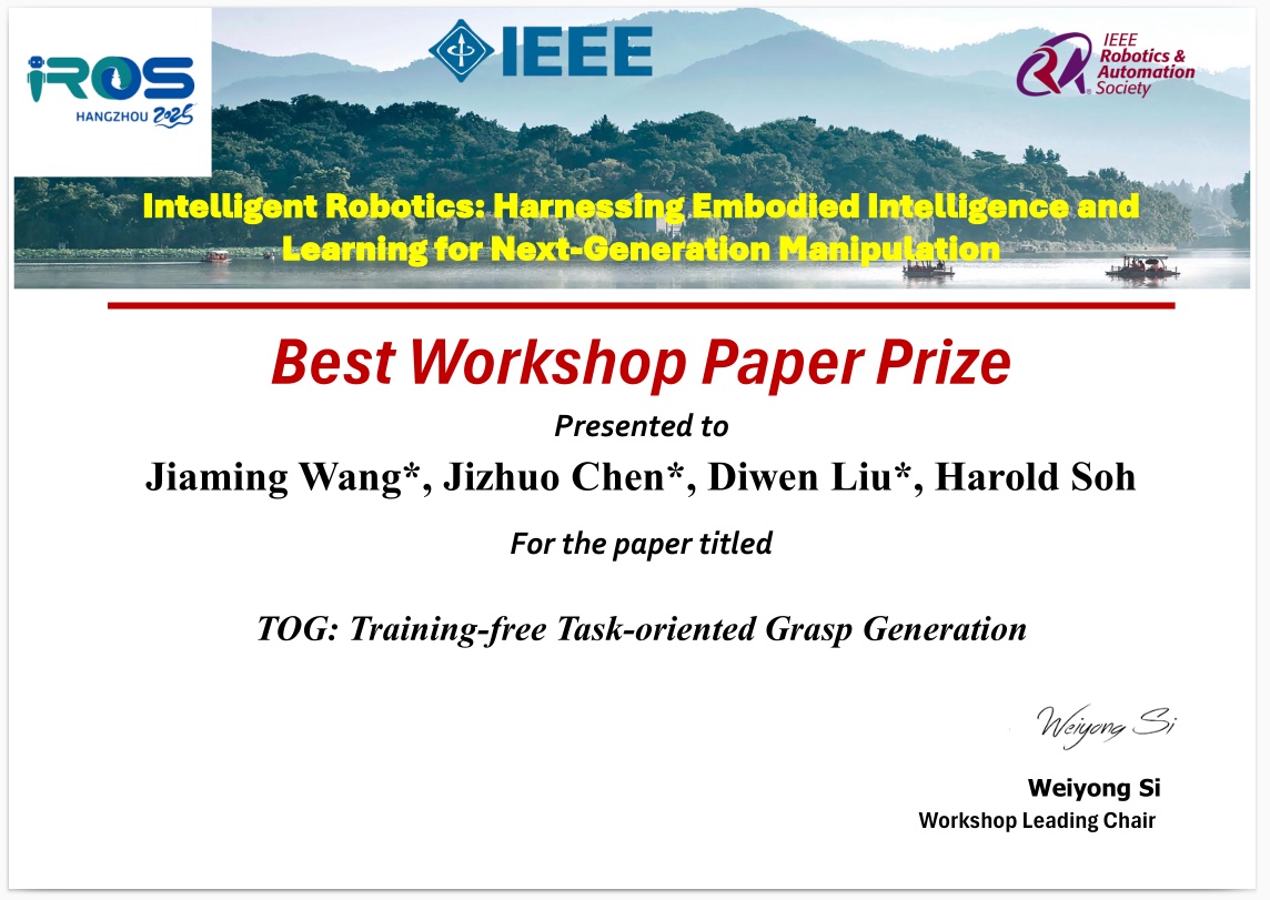 Best Workshop Paper Prize certificate — TOG: Training-free Task-oriented Grasp Generation, IROS 2025